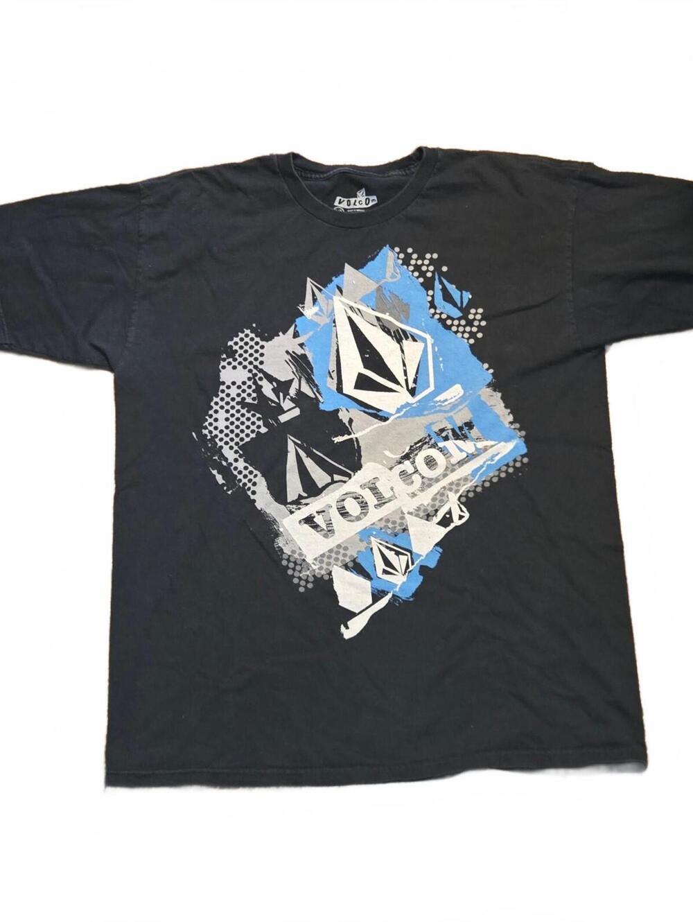 Y2K Volcom T-Shirt Men's Large Black Blue Faded vintage skater grunge big logo